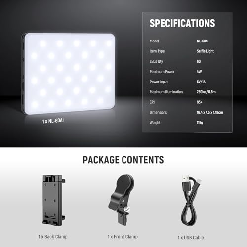 NEEWER Selfie Light with Front & Back Phone Clip, High Power 60 LED 2000mAh Rechargeable CRI 95+, 3 Light Modes, Portable Clip on Light for Tablet/Laptop, Zoom Call TikTok Video Fill Light (NL-60AI)