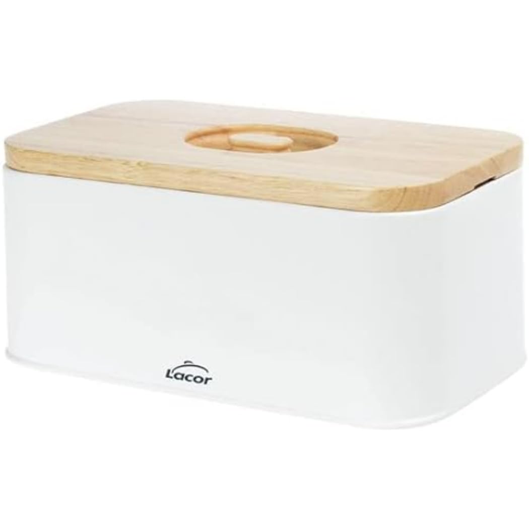 LACOR - 62868 – Nordic Style Bread Bin Carbon Steel, Rubber Wood Lid, 2-in-1 Vintage Design: The lid serves as a cutting board, measures 30 x 18 x 12.5 cm, Matte White