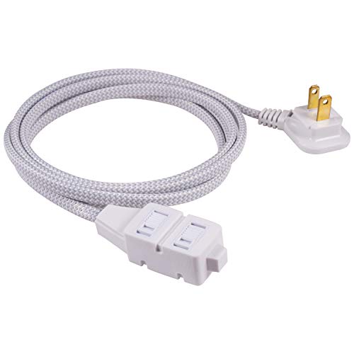 GE, Gray & White, 6 Ft Designer Braided Extension, 3 Strip, 2 Prong Outlets, Flat Plug, Tangle-Free Power Cord, Perfect for Home, Office or Kitchen, UL Listed, 42383