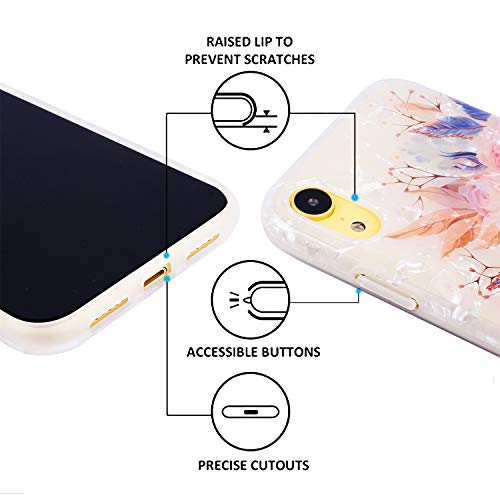 RicHyun Girly iPhone XR Case, Cute Pink Floral Soft Pearly Lustre TPU Cover with Sparkly Diamond Ring Holder for Women