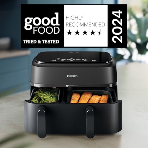 Philips Dual Basket Air Fryer – 9L Total Capacity with Two Different-Sized Drawers, Versatile Cooking Options with Rapid Air Technology, Touchscreen, Ideal for Roasting, Baking & Grilling (NA350/00)
