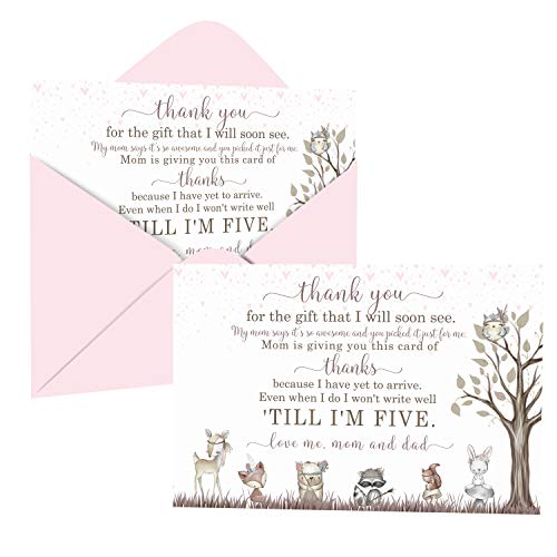 Girls Woodland Baby Shower Thank You Cards with Envelopes Pack of 15 Prewritten Notecard Message Newborn Cute Rustic Flower Animal Theme Blush A6 Stationery Set Printed (4x6) Paper Clever Party