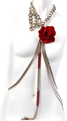 Handmade Chain Harness, Body Necklace, Slave BDSM Body Jewellery, Red Flower, Romantic Industrial, Glam Punk, Indie, Timeless, Party, Gift by FINERBLACK