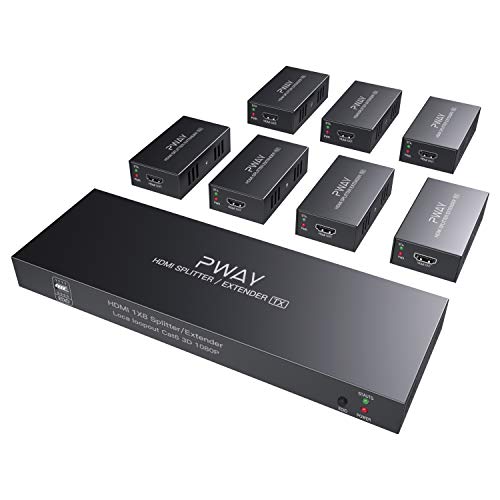 PWAY PW-HTS0107(POC) 1X7 HDMI Extender Splitter Ultra HD 1080P over Cable Support EDID Up to 50m/165ft Cat6 Remote Control (1 in 7 Out)