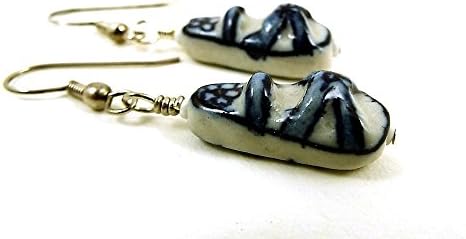 Flip Flop Sandal Earrings Porcelain Blue Delft Style with Silver Toned Earwires
