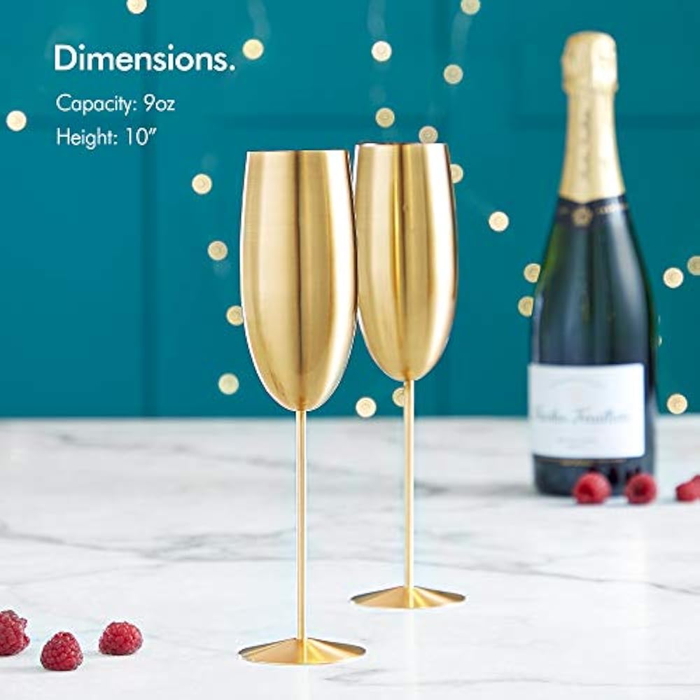 VonShef Gold Champagne Glasses, Shatterproof Stainless Steel, Set 2
