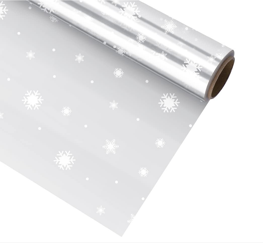 Snowflake Cellophane Wrap Roll Christmas Wrapping Paper, 30M x 80CM, 3 Mil Xmas Cellophane Wrapper for Gift Crafts Flower Fruit Gift Basket Packing