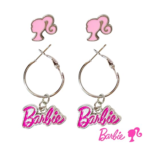 LUV HER Barbie Hypoallergenic Earrings for Girls - Hot Pink Stud Earrings & Fishhook Drop Earring Set with Charms - One Size Fits Most - Barbie Accessories for Girls Ages 4+