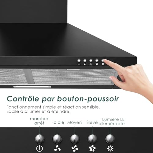 Soonye Extractor Hood 60 cm Class A, Kitchen Hood 350m³/h, Drain or Recycle, Carbon Filter Included, Wall Hood, Black