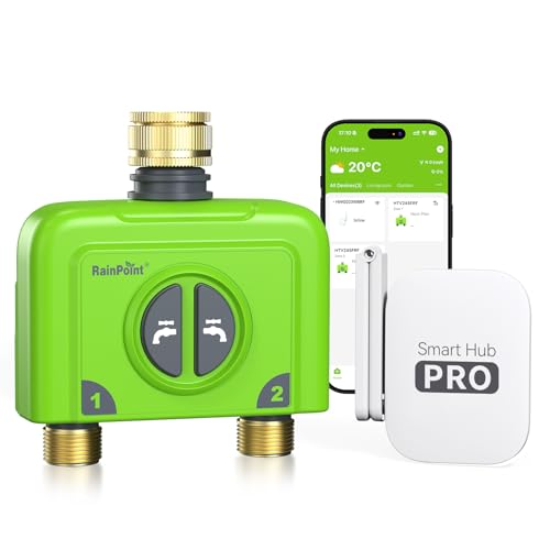 RAINPOINT Irrigation Computer WLAN 2 Outputs Brass Inlet and Outlet Smart Irrigation Clock Garden Car Irrigation with Weather/Soil Based, APP/Voice Control, 2 x 6 Schedules (Antennas Gateway)