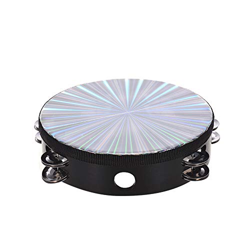 Muslady 8 inch /10 inch Wooden Radiant Tambourine Handbell Hand Drum with Double Row Jingles Reflective Drum Head Percussion Instrument Musical Toy