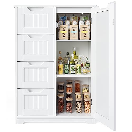 Gizoon Bathroom Floor Storage Cabinet with 4 Drawers, Freestanding Storage Organizer Cabinet with Door and Adjustable Shelves Wooden for Small Places in Kitchen Bathroom Entryway, White