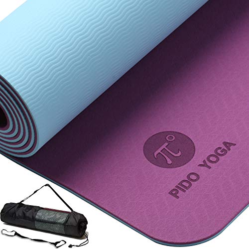 WWWW PIDO Yoga Mat Eco Friendly TPE Non Slip Yoga Mats by SGS Certified with Carrying Strap and Bag,72″x24″ Extra Thick 1/4″ for Yoga Pilates Fitness Exercise Mat(Mallow Pruple + Moonlight Blue)