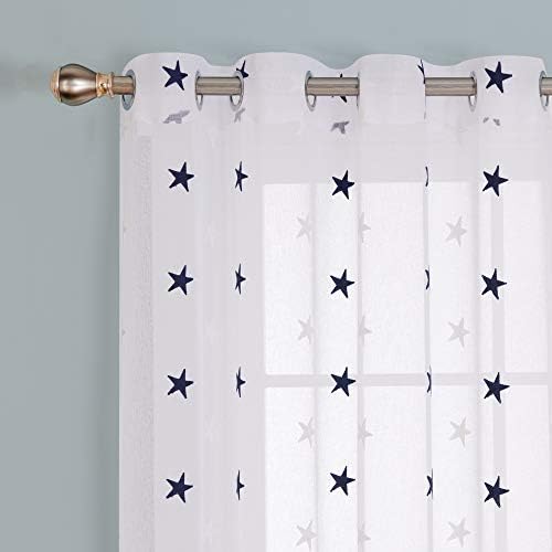Deconovo Set of 2 Embroidered Star Curtains with Eyelets 140 x 240 cm White Navy