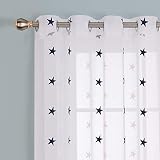 Deconovo Set of 2 Embroidered Star Curtains with Eyelets 140 x 240 cm White Navy