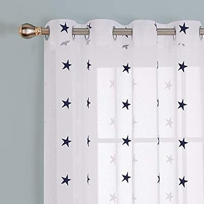 Deconovo Set of 2 Embroidered Star Curtains with Eyelets 140 x 240 cm White Navy