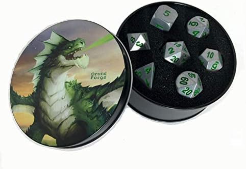Metal Dice Polyhedral Set of 7 Druid Circle Green D&D RPG Brushed Silver with Green numbers