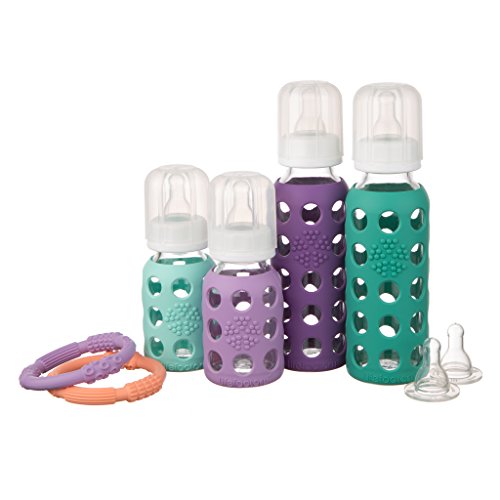 Lifefactory BPA-Free Starter Set with 2 4-Ounce and 2 9-Ounce Glass Baby Bottles with Silicone Sleeves, 2 Silicone Teethers, and 1 Nipple 2-Pack (Stage 3), Mint, Lavender, Kale and Grape