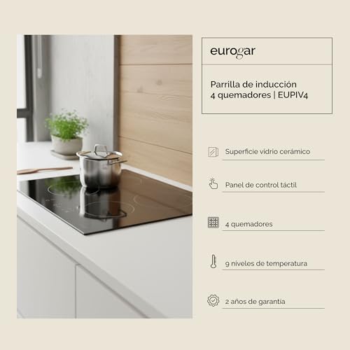 EUROGAR Parrilla eléctrica de inducción 4 zonas de calentamiento 220V, Potencia 7000W, Panel táctil con 9 y 8 niveles de temperatura, Temporizador, Bloqueo para niños, Luz LED | EUPIV4