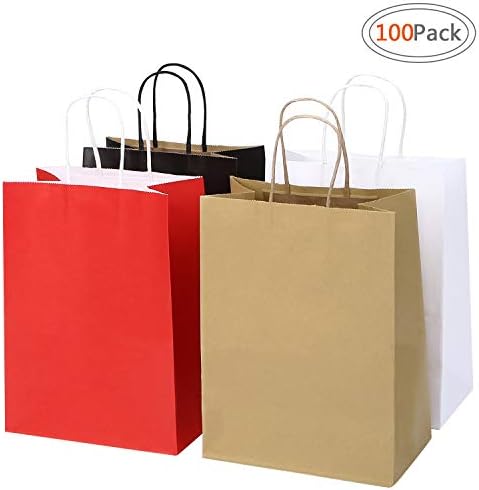 Road 8x4.75x10.5 Inches 100pcs Assorted Kraft Paper Bags, Multi Color Retail Paper Bags with Handles, Merchandise Bag, Gift Bag, Wedding Party Bag