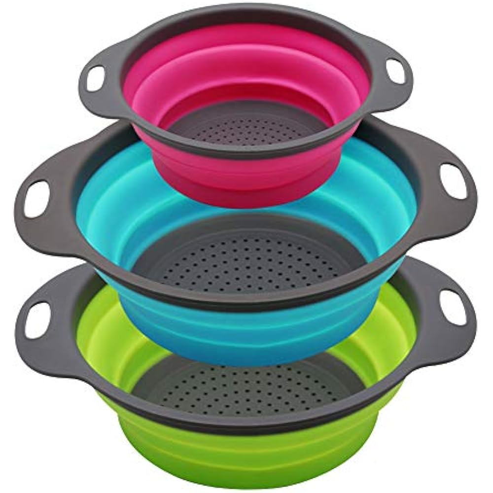 Qimh Collapsible Colander Set Of 3 Round Silicone Kitchen Strainer 2