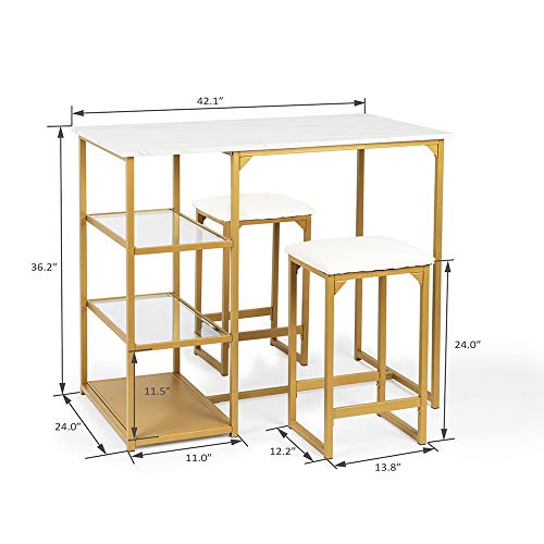 Modern 3 Piece Counter Dining Table Set with 2 Bar Stools and Metal Frame and Shelf Storage,Brass Pub Set with Faux Marble Top