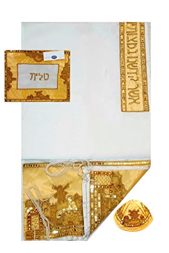 Jerusalem of Gold Tallit Prayer Shawl Premium Quality Embroidered Talit Set With Matching Bag, Kippah 78