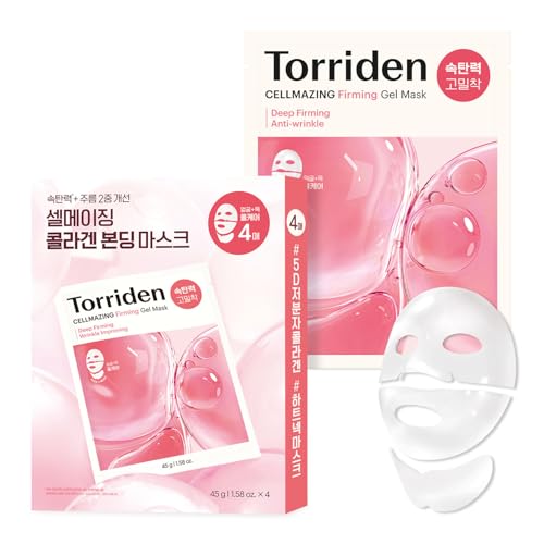 Torriden CELLMAZING Low Molecular Collagen Firming Gel Sheet Mask, 4 Sheets | Dual Wrinkle Improvement Benefits From Face to Neck | Minimize Pores & Wrinkles | Intense Hydration, Cruelty Free