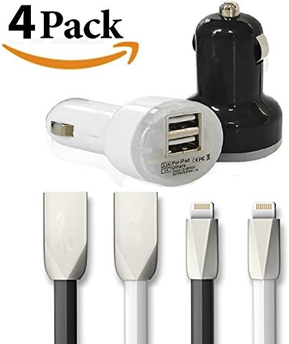 (4pack) 2 Rapid High Speed Dual Port USB Car Chargers (1 Black and 1 White) + 2 Premium Zinc Alloy Lightning Cables (1 Black and 1 White) for Iphone, Ipad And All Apple Devices by Prokitline