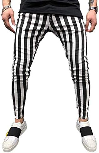 Men Slim Fit Black White Striped Plaid Pants Casual Jogger Skinny Trousers