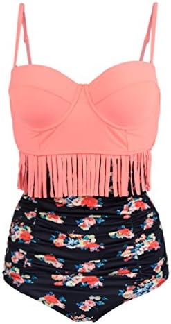 Lemiu Women's Tassel Vintage Floarl Two Piece High Waist Retro Swimwear Bikini Set