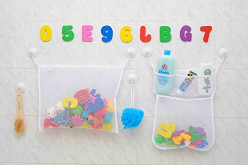 Comfylife 2 x Mesh Bath Toy Organizer + 6 Ultra Strong Hooks + 36 Bath Letters – Eco-Safe, Fun, Educational Foam Baby Bath Letters and Perfect Toy Storage Net for Baby Bath Toys & More