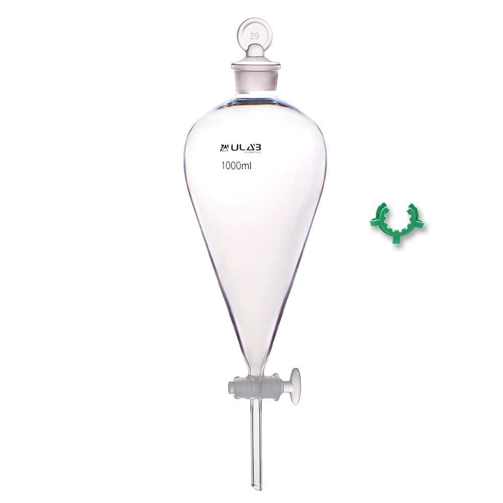 ULAB 1 Pc 1000ml Glass Separatory Funnel and Standard Taper for Joints 24/29, Heavy Wall Separatory Funnel, Pear Shape Without Graduation, 3.3 Borosilicate Glass, UGF1012
