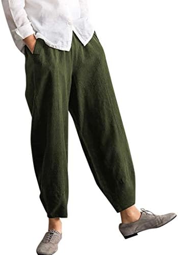 Womens Baggy Casual Trousers Cotton Linen Loose Harlan Pants Elastic Waist Trousers Outdoor Comfy with Pockets