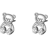 Cute Bear Small Stud Earrings for Women 925 Sterling Silver Mini Crystal Shell Pearls Animal Cartoon Cartilage Studs Tragus Hypoallergenic Piercing Ear Dainty Birthday Holiday Christmas Jewelry Gifts for Daughter