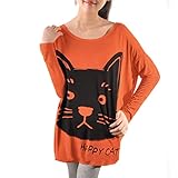 Allegra K Woman Batwing Sleeves Letters Cat Print Loose Tunic Top
