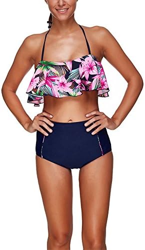 Sexy Panyan Womens Plus Size Two Piece Flounce Ruched Crop High Waist Floral Printed Vintage Bikini Set LS1363 XXL