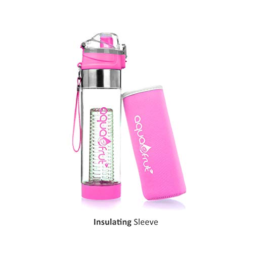 AquaFrut Fruit Infuser Water Bottle Bundle - 24oz Bottom Loading With Brush & Sleeve