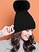 LITHER Winter Knit Hat Real Fox Fur Pom Pom Womens Girls Knit Beanie Hat Black