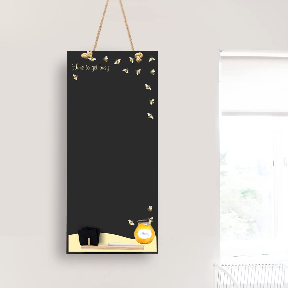 Chalkboards UK CHB155 Honey Bees Tall Thin Chalkboard with Rope/Tray and Chalk, Wood, Black, 60 x 26.5 x 1 cm