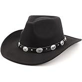 DRESHOW Women Men Classic Felt Wide Brim Western Cowboy & Cowgirl Cap Belt Buckle Retro Panama Hat Unisex Rolled up Caps