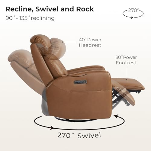 CHITA Leather Power Swivel Recliner Chair for Adults, Triple Motor Electric Rocker Recliner for Living Room with Adjustable Headrest and Lumbar Support, USB & Type-C Charging Ports, Saddle Brown