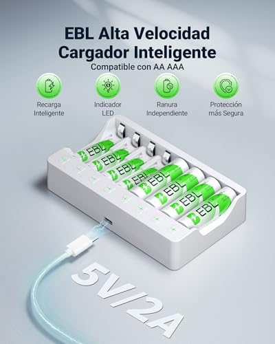 EBL Fast Battery Charger with 8 x AA Rechargeable Batteries, 8 Independent Slots Charger, USB Charging and Multiple Protection