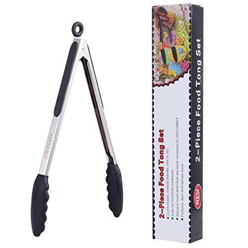 Pinzas-de-Cocina-GWCLEO-Pinzas-para-Barbacoa-en-Acero-Inox-y-Silicona-Pinzas-para-Ensalada-y-Servir-con-Consejos-sin-Rasguos-y-Mangos-de-Cojn-de-Silicona-Anti-DeslizanteNegro-9-y-12-Pulgadas