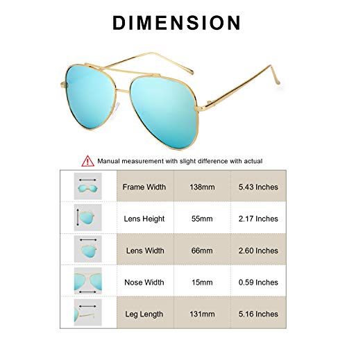 SODQW Aviator Sunglasses Womens Polarized Mirrored Flat Lens Fashion Large Metal Frame - UV 400 Protection (gold/ice blue Lens(mirror))