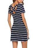 Feager Scoop Neck Striped Criss Cross Back Dress Pocket Short Sleeve Shift Dress Blue, S