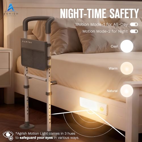 Agrish Bed Rails for Elderly Adults - Bed Assist Rail with Support for Getting Out of Bed, Bed Guard Rail with LED Light & Storage Pouch, Fits Single, Double Size Beds