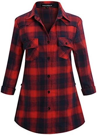 FCLM Women Long Sleeve Turn-down Collar Button-down Plaid Shirts Blouses XS 001
