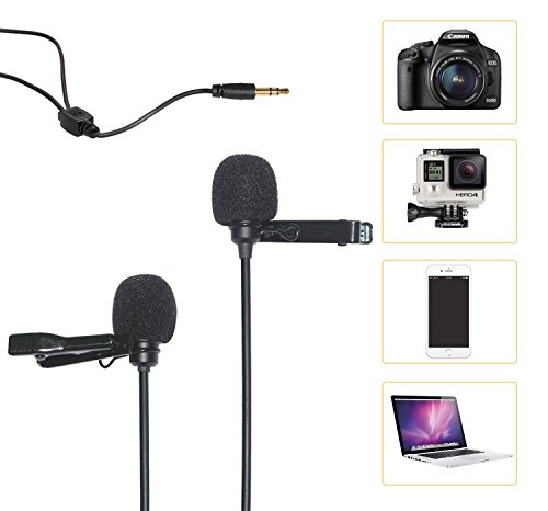 Comica CVM-D02 Dual-head Lavalier Microphone Clip-on mini Omnidirectional Condenser mic interview microphone for Apple Iphone,Ipad,Ipod,Android,DSLR,Sony Canon camera,GoPro 3,4,5(Black)(98inch)