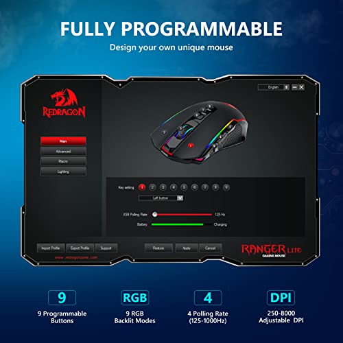 Redragon Wireless Gamer Mouse, Rechargeable Wireless Mouse with 8000 DPI, Ergonomic, RGB, 9 Buttons Programmable with Fire Button, 70 Hours, Gaming Mouse for Windows and Mac – Black